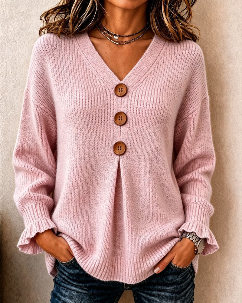Alicia - Pull Col En V Bouton Pullover