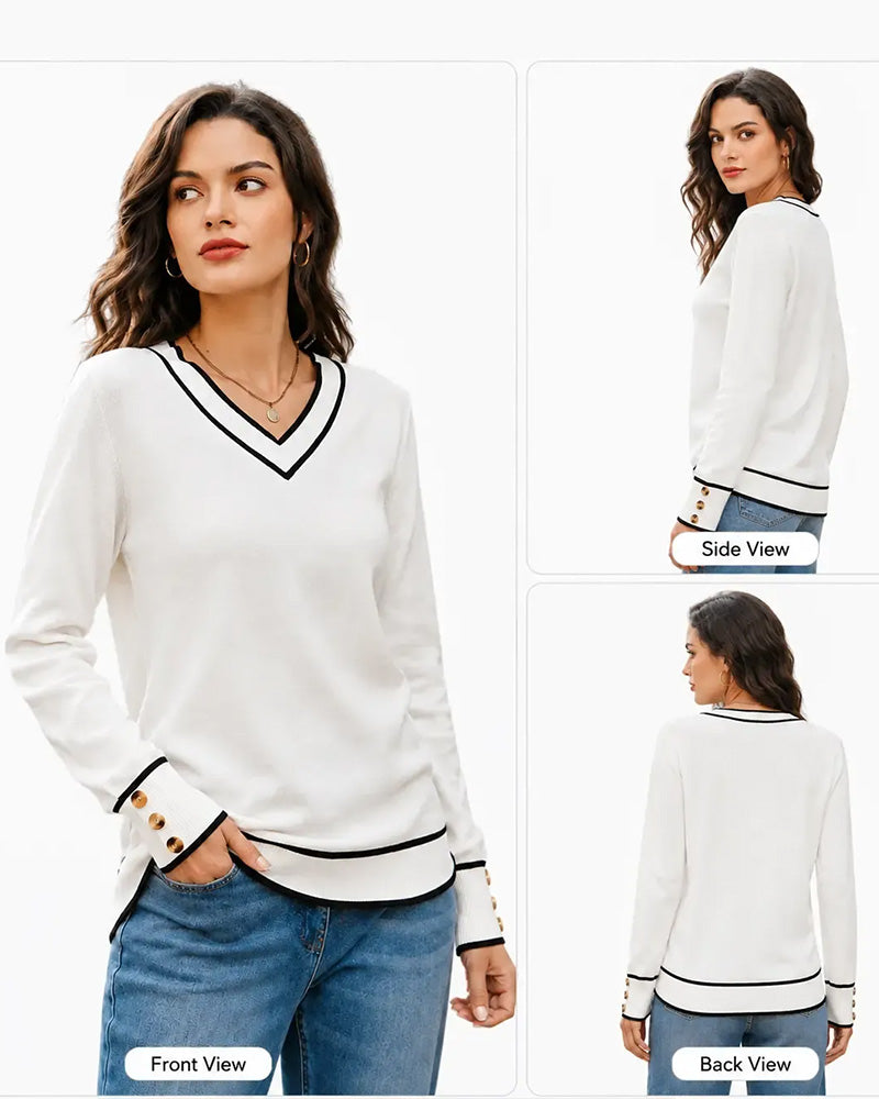 Jessica - Pullover À Col En V Et Boutons De Contraste
