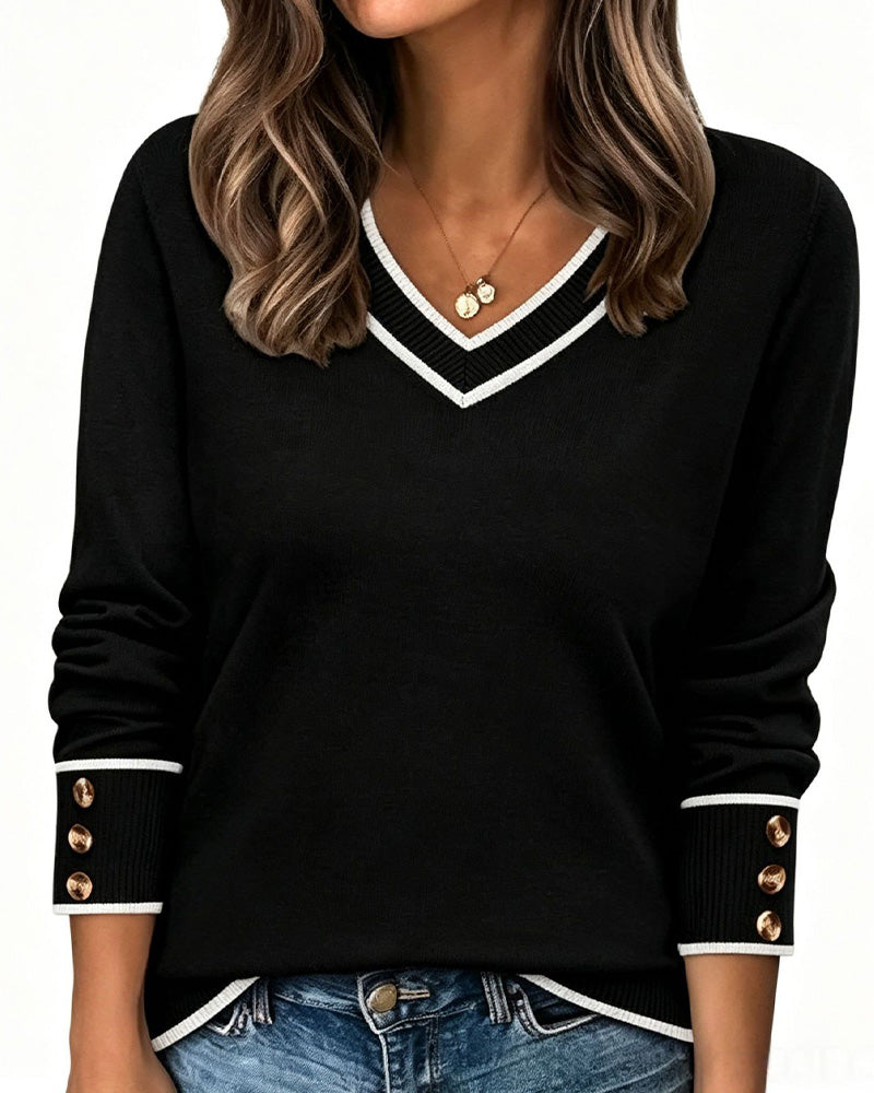 Jessica - Pullover À Col En V Et Boutons De Contraste
